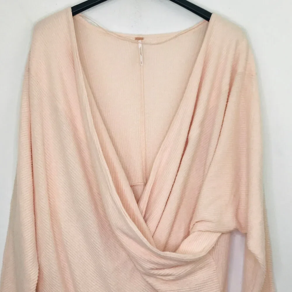 Free People Womens Small Sweater Pink Cozy With You Pullover Draped Surplice BV5